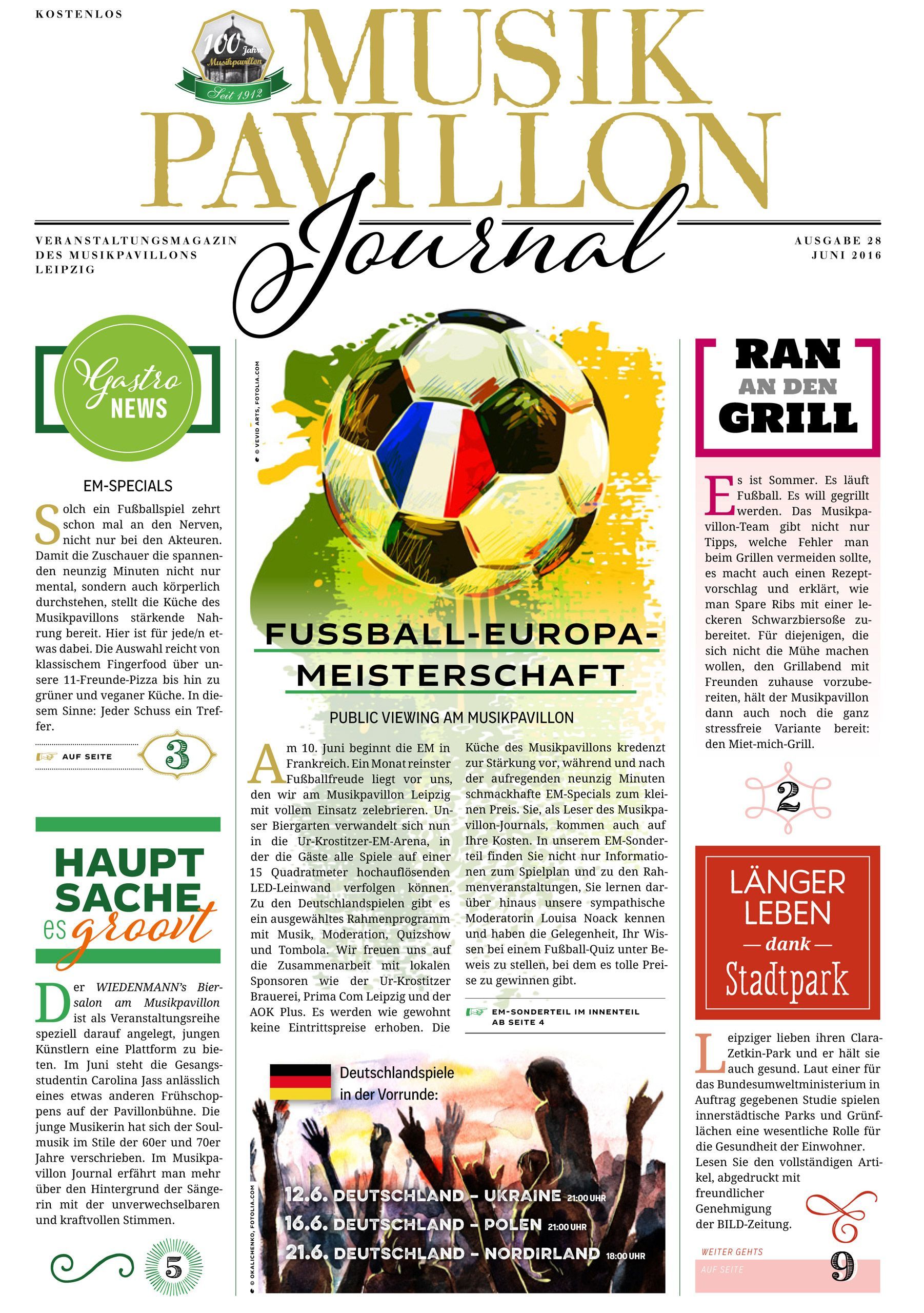 Titelseite „Fußball-Europameisterschaft“ des Musikpavillon Journal Nr. 28 aus dem Jahre 2016