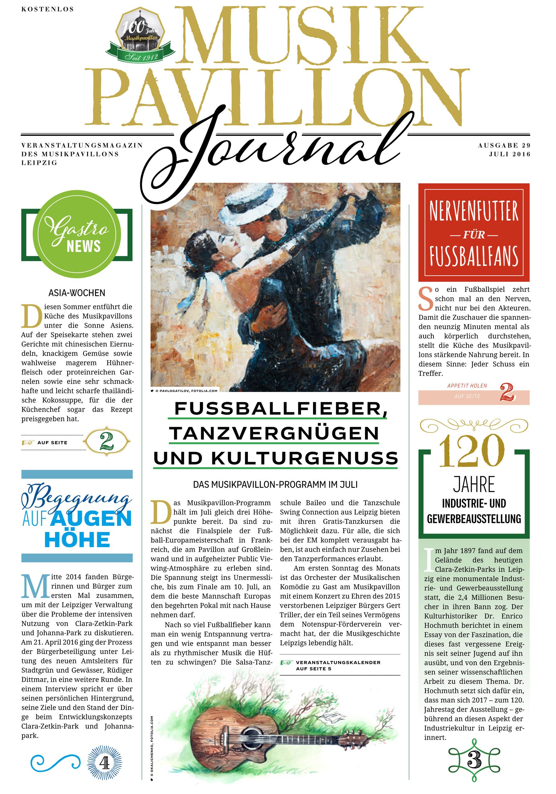 Titelseite „Fußballfieber, Tanzvergnügen und Kulturgenuss“ des Musikpavillon Journal Nr. 29 aus dem Jahre 2016