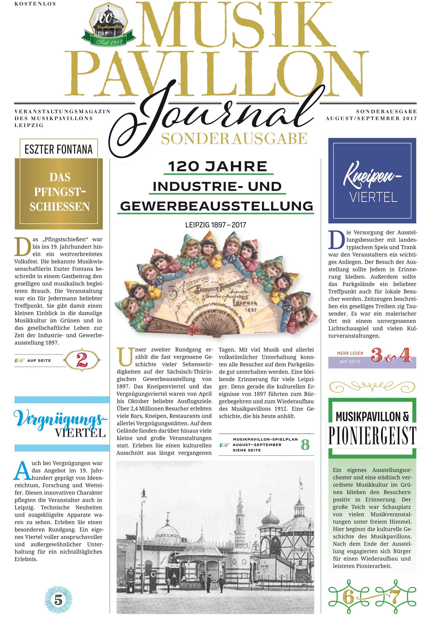 Titelseite „120 Jahre Industrie- und Gewerbeausstellung“ des Musikpavillon Journal Sonderausgabe August/September 2017