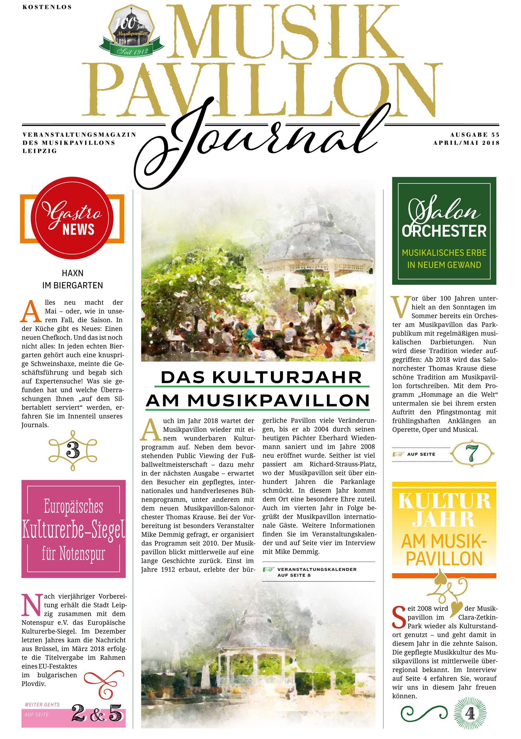 Titelseite „Das Kulturjahr am Musikpavillon“ des Musikpavillon Journal Ausgabe Nr. 35 April/Mai 2018