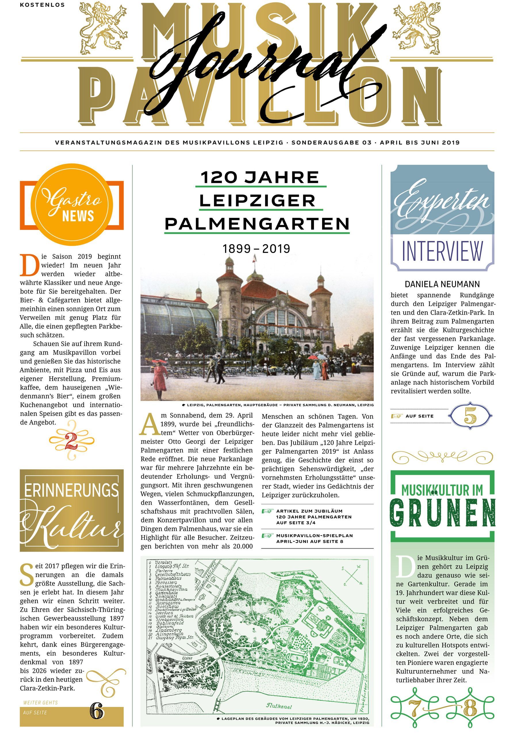 Titelseite „120 Jahre Leipziger Palmengarten“ des Musikpavillon Journal Sonderausgabe Nr. 3, April bis Juni 2019